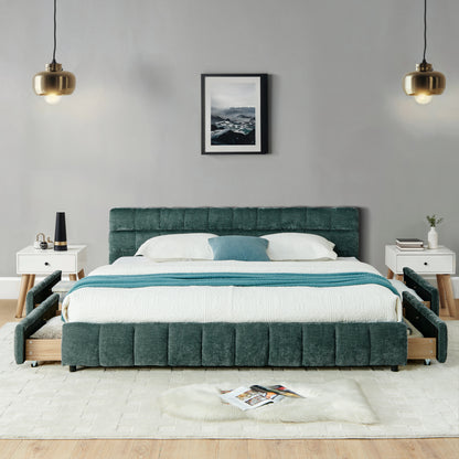 California King Size Upholstered Bed ,comfortable Upholstered Bed Frame, Chenille Fabric, With Headboard And Solid Bed Frame. With Drawer For Storage.-Blue Green 90.5x80.5x31