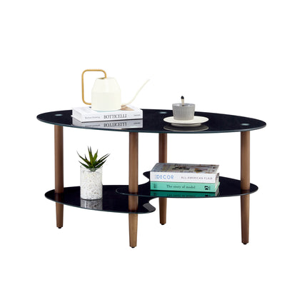 Black Oval Glass Coffee Table, Modern Table In Living Room Oak Wood Leg Tea Table 3-layer  Tempered Glass Table