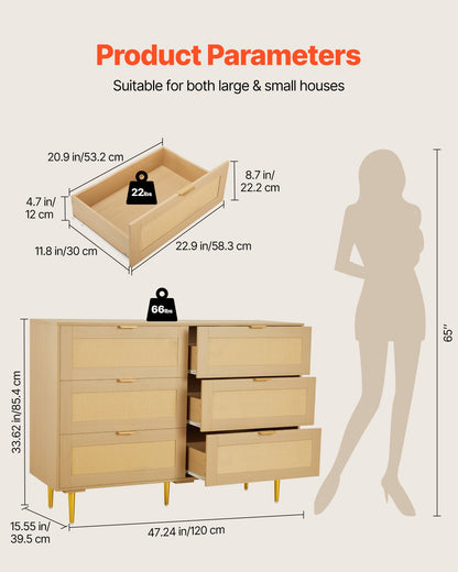 6 Drawer Rattan Dresser, Double Dresser For Bedroom, Natural Rattan Chest Of Drawers With Metal Handles & Legs, Modern Wood Chest Clothing Organizer & Storage For Bedroom, Living Room, Hallway