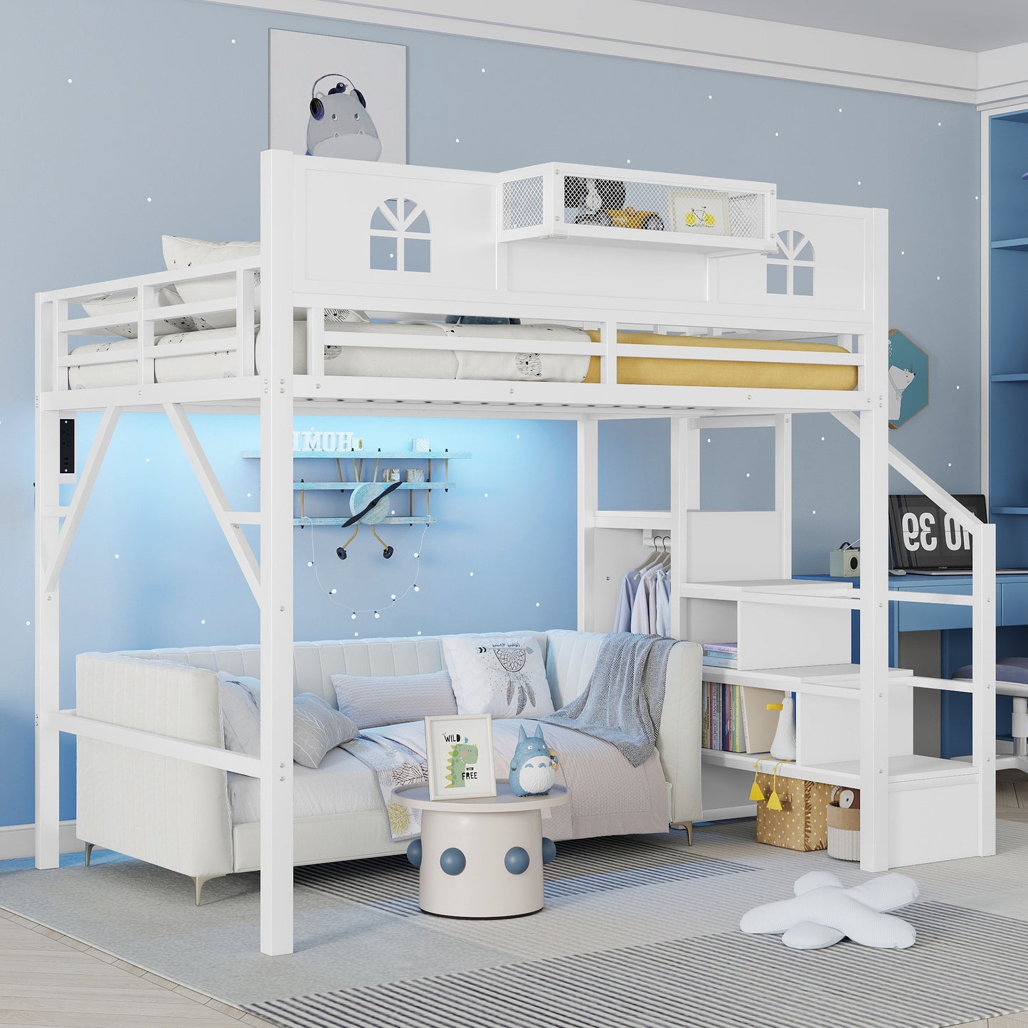 Full Size Loft Bed With Stairs, Metal Full Loft Bed With High And House Shaped Guardrails, High Loft Bed With Wardrobe For Kids Teens, White Old SKU W2593S00037 Expect Arrival Datee2026 3 17