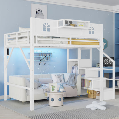 Full Size Loft Bed With Stairs, Metal Full Loft Bed With High And House Shaped Guardrails, High Loft Bed With Wardrobe For Kids Teens, White Old SKU W2593S00037 Expect Arrival Datee2026 3 17