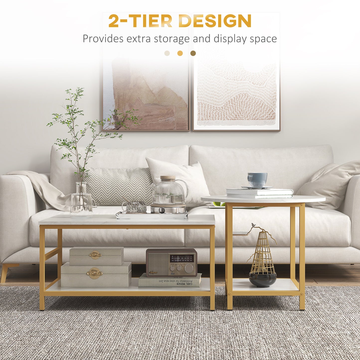 Coffee Tables Set Of 2, Rectangle And Round Coffee Table With Storage Shelves, Faux Marble Top, Living Room Table Set