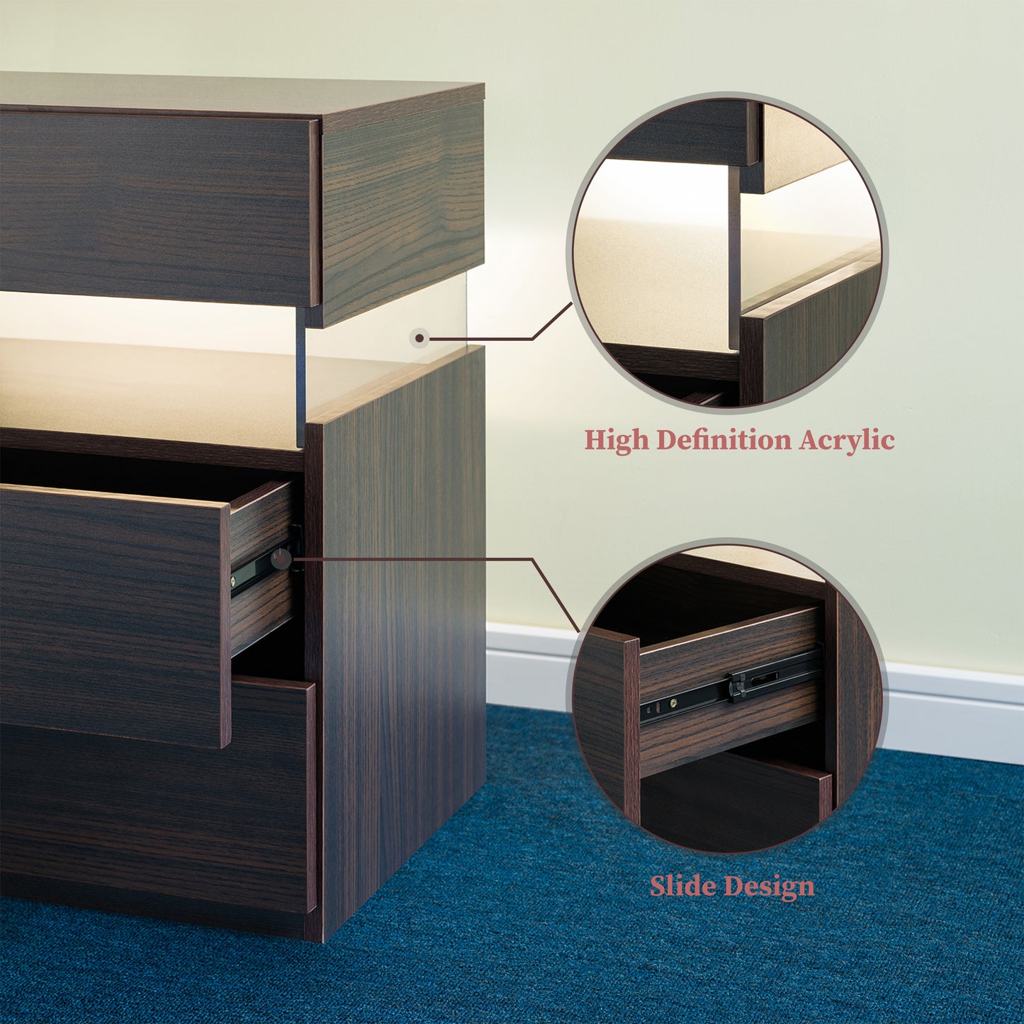 LED Nightstands 3 Drawer Dresser For Bedroom End Table With Acrylic Board LED Bedside Tables Walnut
