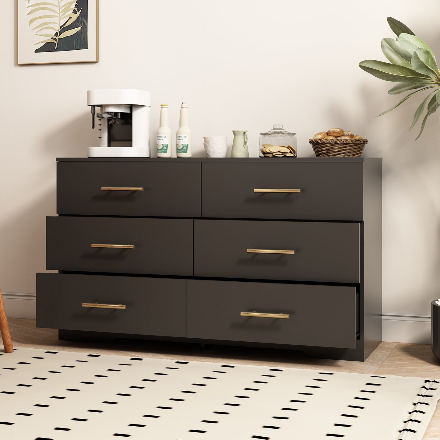 Black Color Large 6 Drawers Chest Of Drawer Dressers Table With Golden Handle
