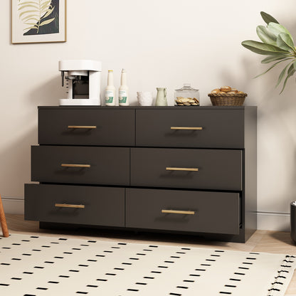 Black Color Large 6 Drawers Chest Of Drawer Dressers Table With Golden Handle