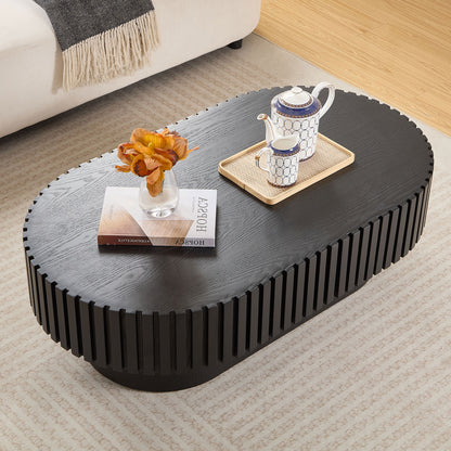 43.70 Inch Modern Handcraft Drum Coffee Table Oval Coffee Table For Living Room,Small Wooden Coffee Table With Sturdy Pedestal For Office,Black