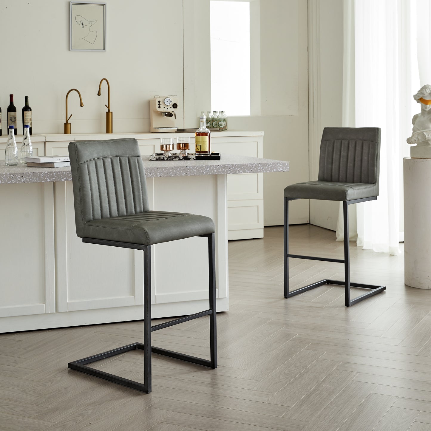 Gray Faux Leather Bar Stool With Vertical Tufted Backrest - Sturdy Black Metal Frame Counter Height Seating With Footrest For Kitchen Island, Home Bar & Dining Space,2 Sets