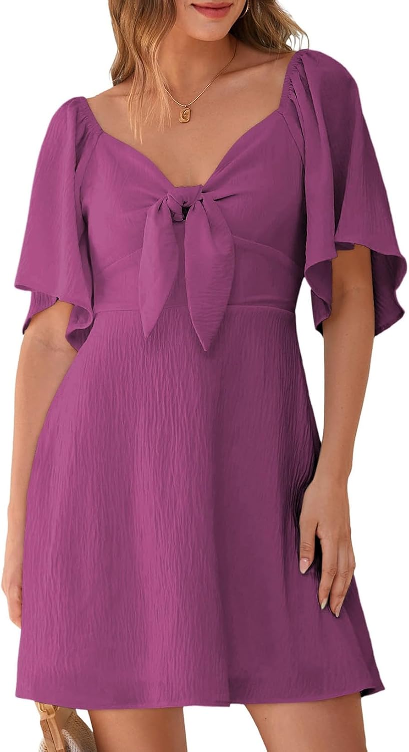 Women's Deep V-Neck Mini Dress with Bow Tie - Elegant Summer Fall Outfit