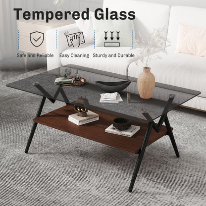 Rectangle Coffee Table With Tempered Glass Top And Brown MDF Shelf, Modern Table For Living Room, Gray Glass
