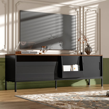 U-Can 70.8'' Modern TV Stand For TVs Up To 75 Inches, Entertainment Center With Storage Space, Sliding Doors, Adjustable Shelves And Metal Frame, Mid Century Modern Media TV Console Table For Living R