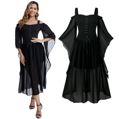 Medieval Costume Dress for Women - Renaissance Gothic Gown with Trumpet Sleeves
