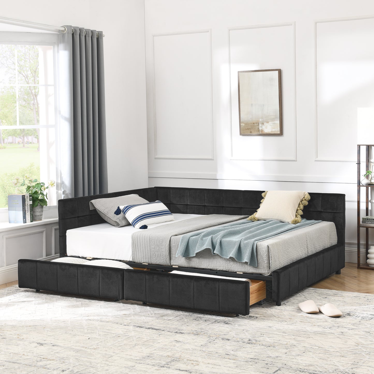 Full Size Storage Upholstered Tufted Bed Frame, Sofa Bed Frame With Comfortable Backrest And Armrests, Full Size Bed For Bedroom, Living Room,Velvet, BLACK 80.5x59x29.5