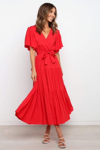 Front Tie Short Sleeve Tiered Midi Dress
