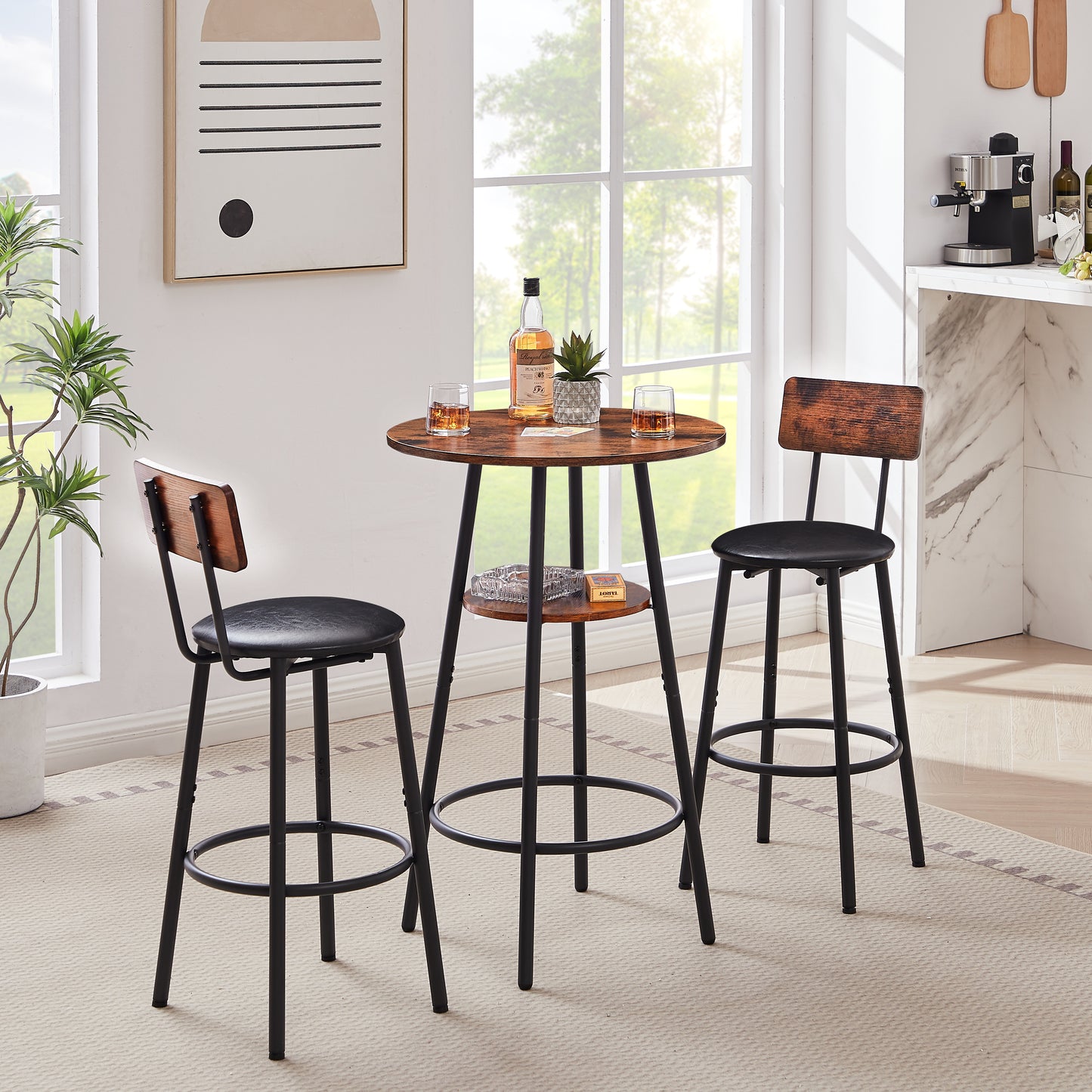 Round Bar Stool Set With Shelf, Upholstered Stool With Backrest, Rustic Brown, 23.62  W X 23.62  D X 35.43  H