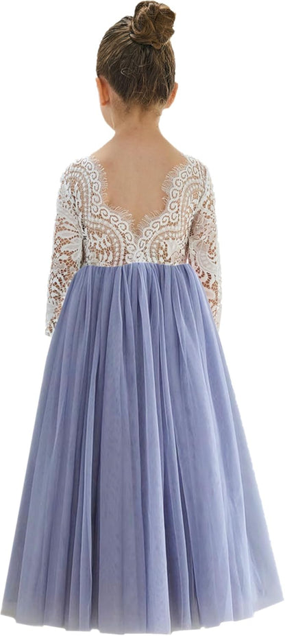 Girls Tulle Flower Girl Dress - Lace Back A-Line Party Dress