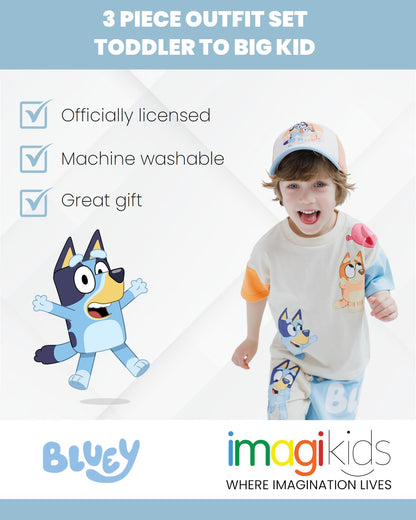 Bluey 3-Piece Kids Outfit Set - T-Shirt, Shorts & Baseball Cap for Toddlers to Big Kids