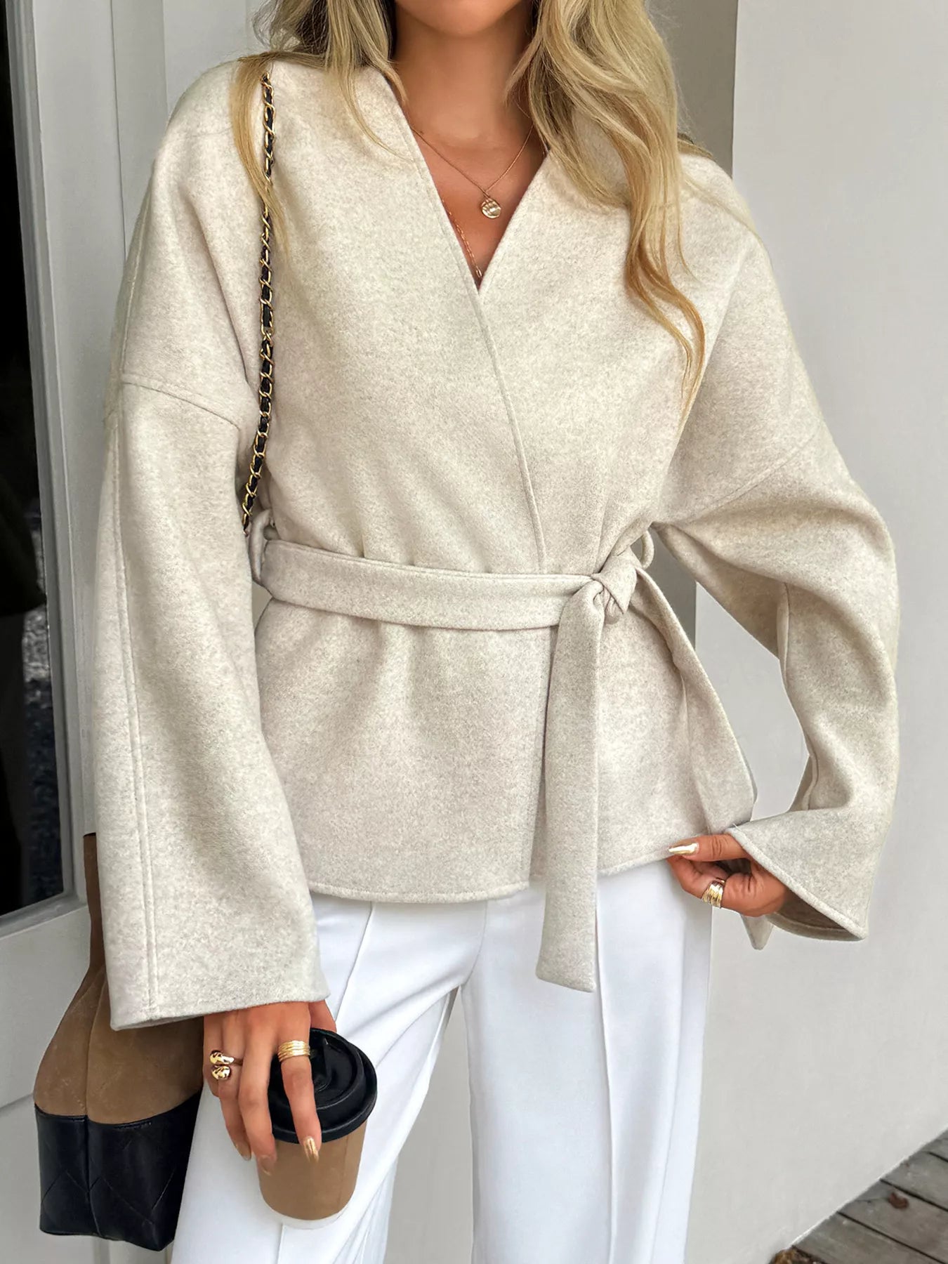 Surplice Dropped Shoulder Tie Belt Outerwear