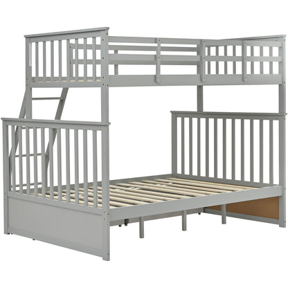 Twin Over Full Bunk Bed With Storage Drawers, Wooden Bunk Bed With Ladder And Safety Guard Rails -Gray