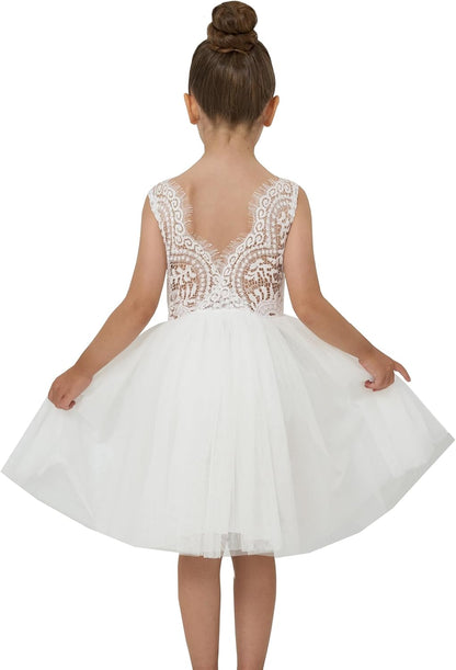 Girls Tulle Flower Girl Dress - Lace Back A-Line Party Dress