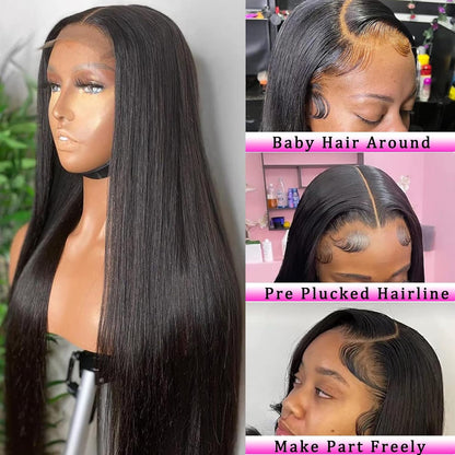 4x4 Lace Closure Human Hair Wig, Straight Wig Natural Color, 150 Percent Density