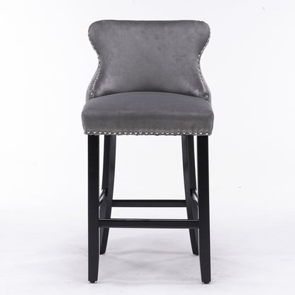 AA Furniture,Contemporary Velvet Upholstered Wing-Back Barstools With Button Tufted Decoration And Wooden Legs, And Chrome Nailhead Trim, Leisure Style Bar Chairs,Bar Stools, Set Of 2 Gray,SW1824GY