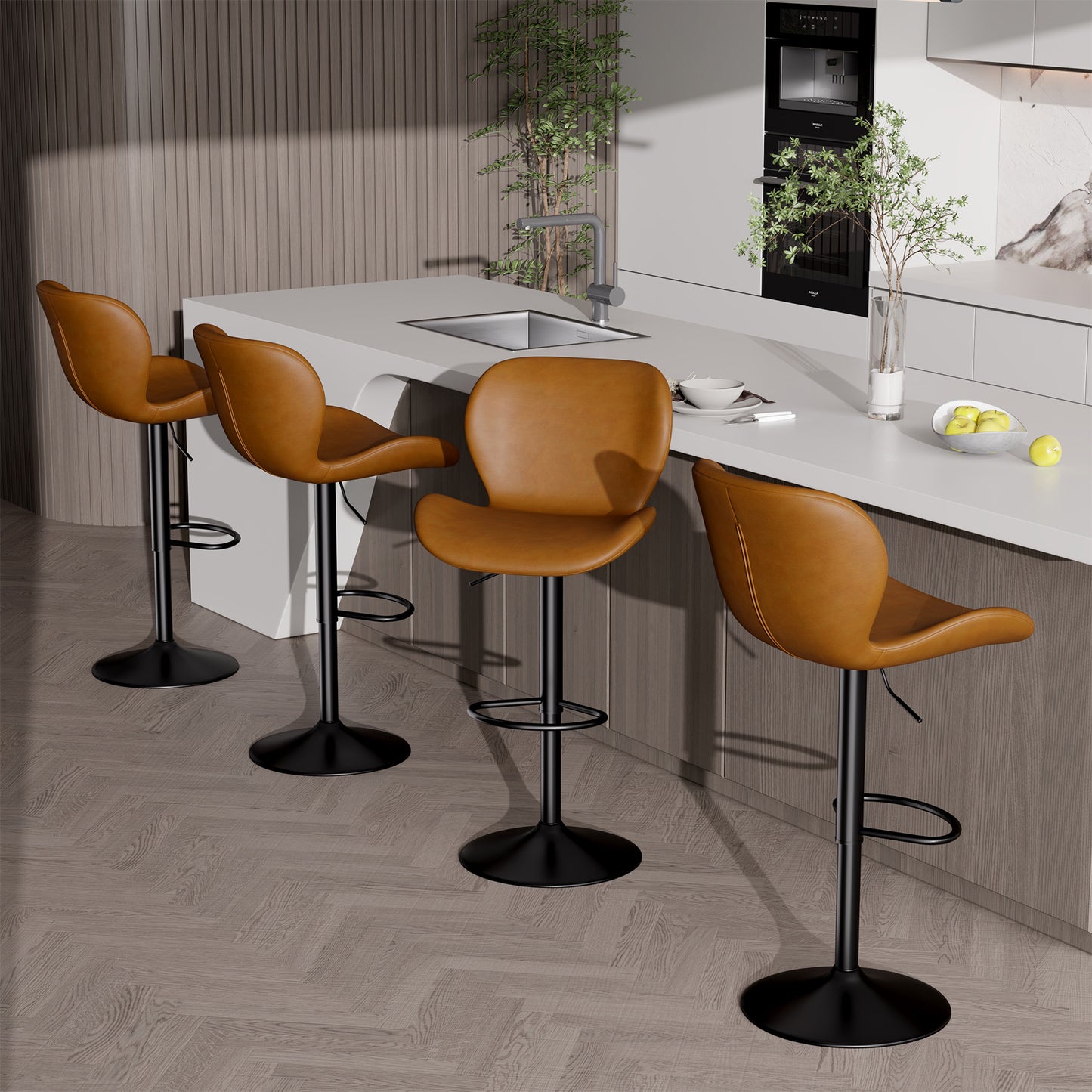Bar Stools Set Of 2,PU Leather Upholstered Barstools With Back & Footrest, Seat Adjustable Height 22.2-31IN Counter Height Bar Chairs For Bar Kitchen Island