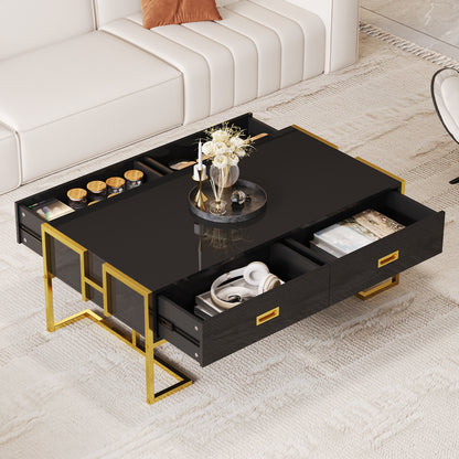 Modern Black Rectangular Coffee Table With 4 Drawers And Gold Base In 47.3