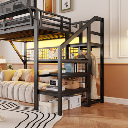 Full Size Loft Bed With Stairs, Metal Full Loft Bed With Light And Storage, High Loft Bed With Wardrobe And Storage For Kids Teens Adults, Black