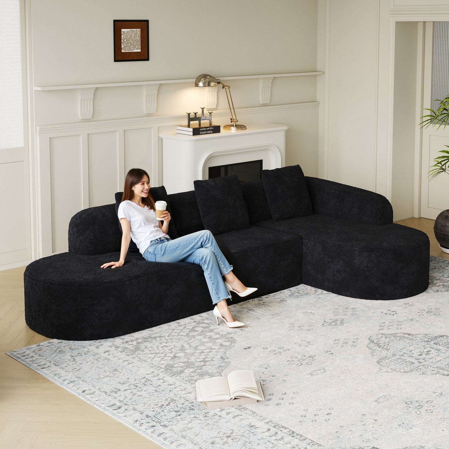 111.8-inch L-shaped Curved Modular Sofa, Modern Design Featuring Lychee-textured Long-pile Polyester Fabric, Curved Backrest With Three Pillows