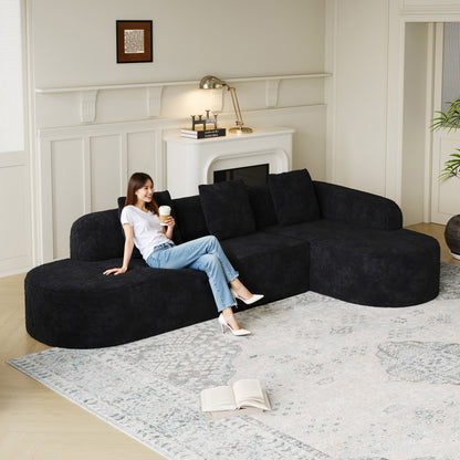 111.8-inch L-shaped Curved Modular Sofa, Modern Design Featuring Lychee-textured Long-pile Polyester Fabric, Curved Backrest With Three Pillows
