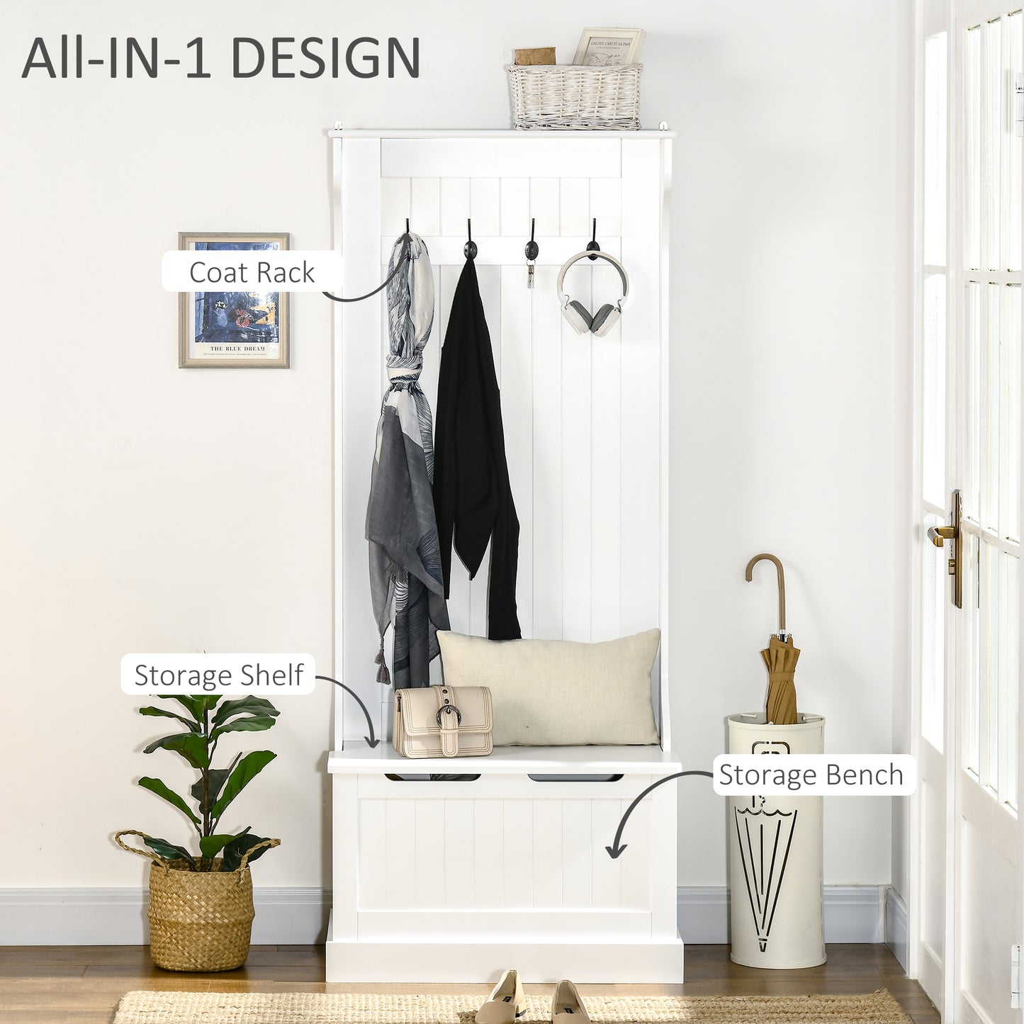 Hall Tree with Coat Rack, Storage, and Sitting Bench, White