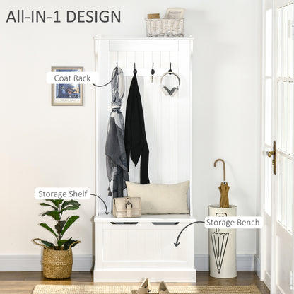 Hall Tree with Coat Rack, Storage, and Sitting Bench, White