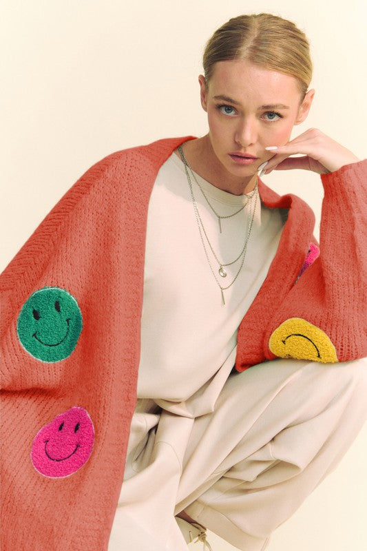 Back To School Sweater - Davi & Dani Fuzzy Smile Open Front Long Sleeve Cardigan