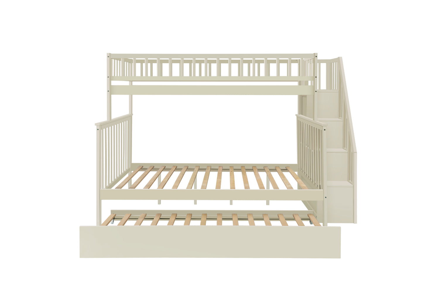 Twin Over Full Stairway Bunk Bed With Trundle,Cream