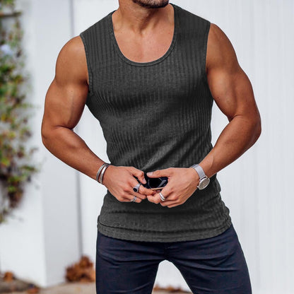Summer Knitted Vertical Bar Fitness Sports Leisure Fit Tank Top Mens Sleeveless Wide Shoulder Tank Top Mens