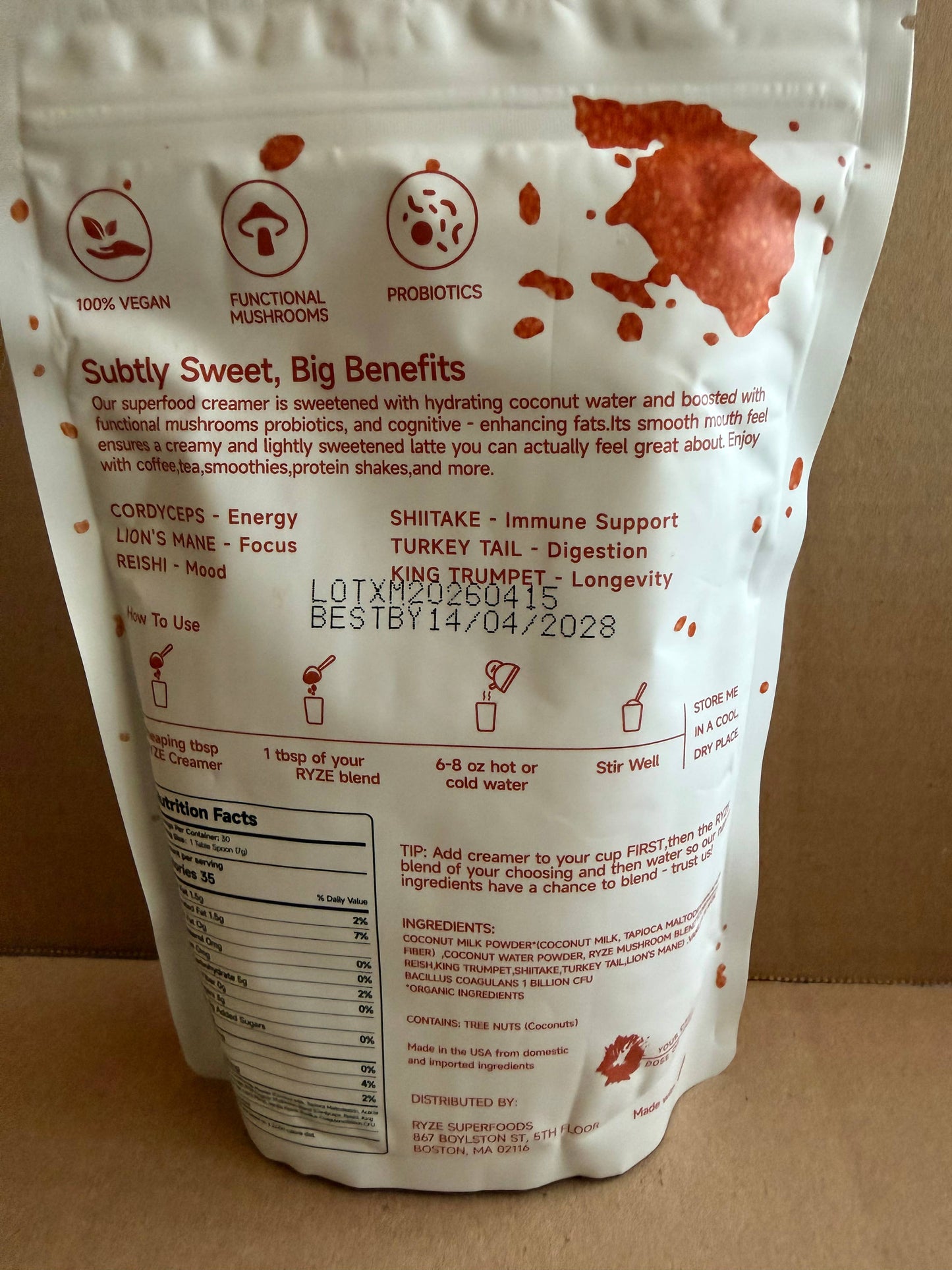 Rÿze Creamer Mushroom & Probiotics 30 Servings 7.75oz Bag