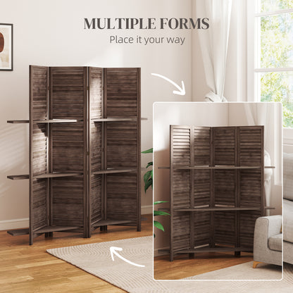 4 Panel 67" Tall Wood Privacy Screen Room Divider with 3 Shelves and Folding Storage for Bedroom, Walnut