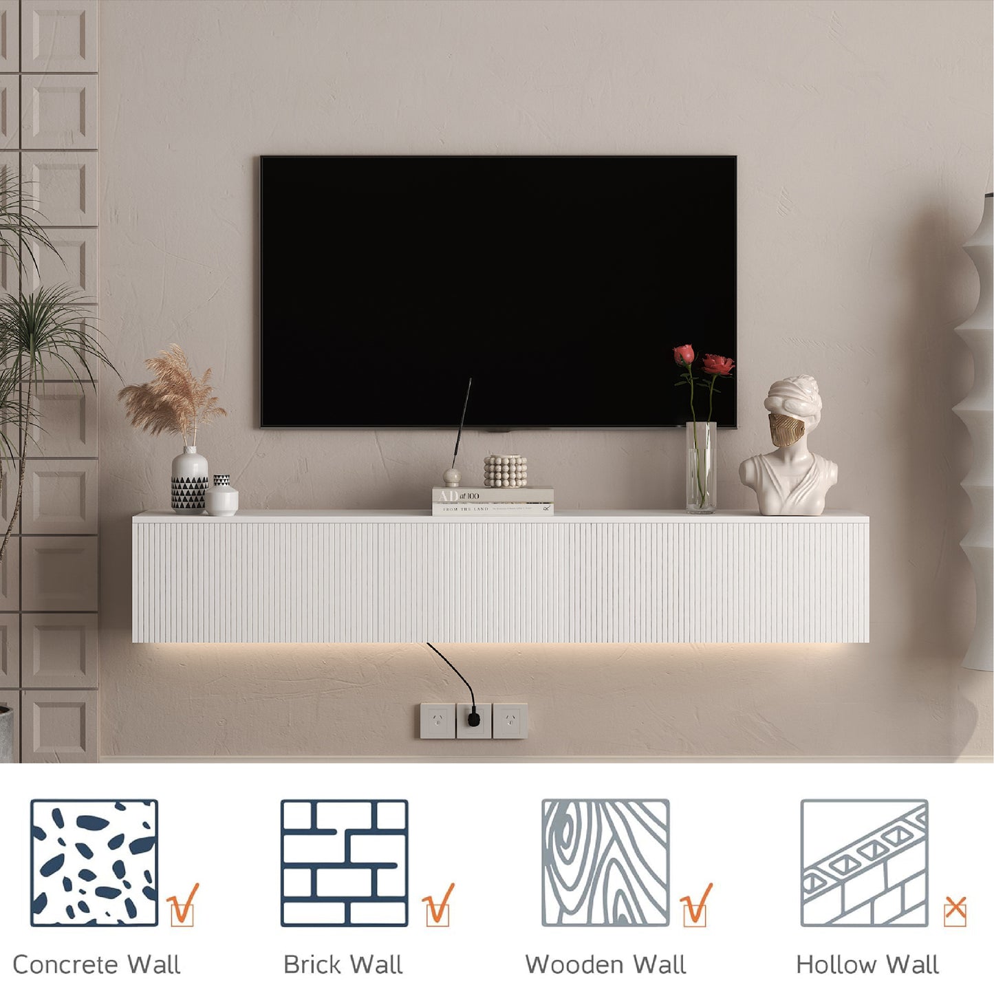 Floating TV Stand Wall Mounted With 16 Color LEDs, Modern TV Stand, Floating TV Cabinet Entertainment Center For 55 60 65 Inch TV