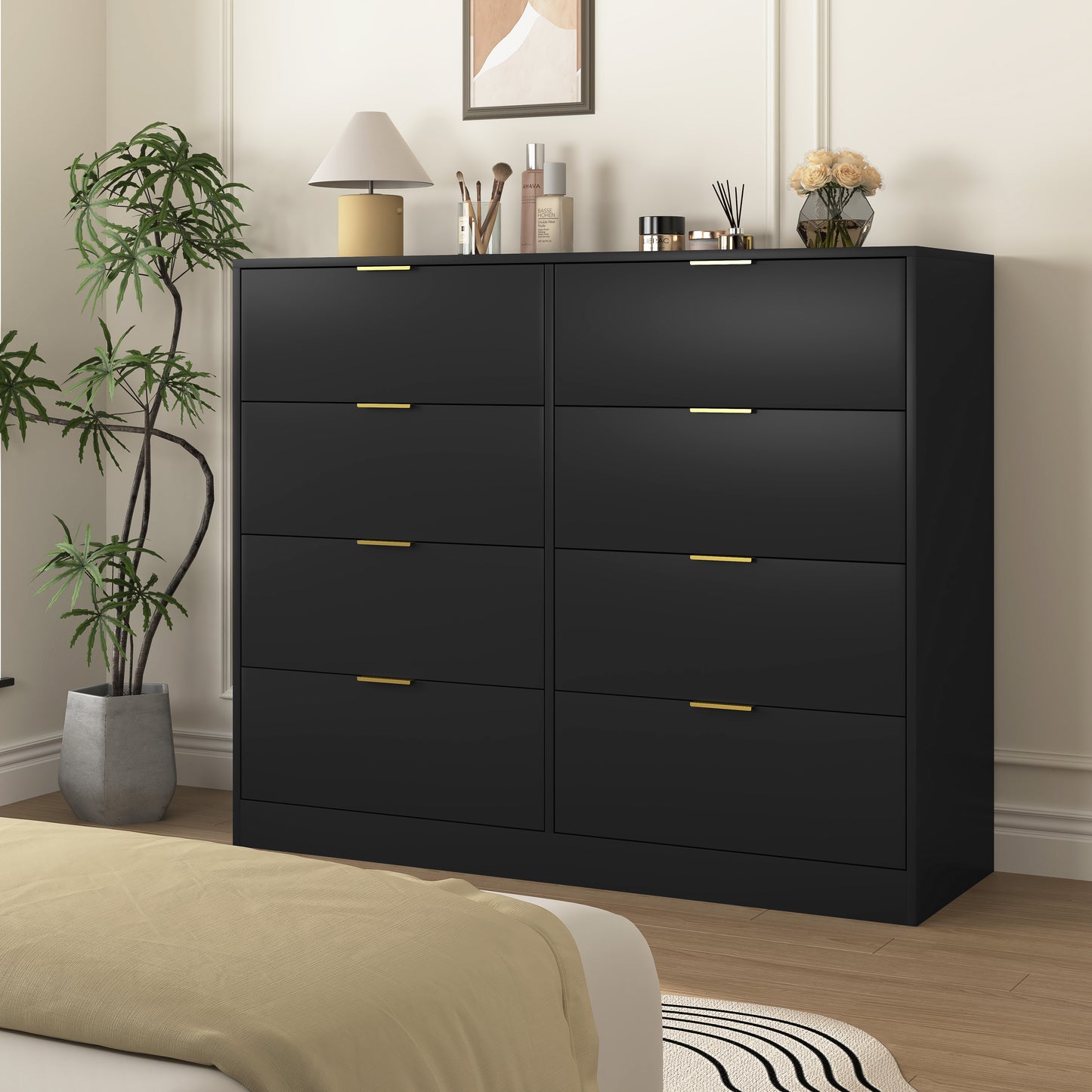 8 Drawers Dresser For Bedroom, Wood Bedroom Dresser Modern Drawer Chest, 8 Chest Of Drawer, Tall Dresser For Closet, Dressers Organizer For Living Room, Closet, Hallway Black