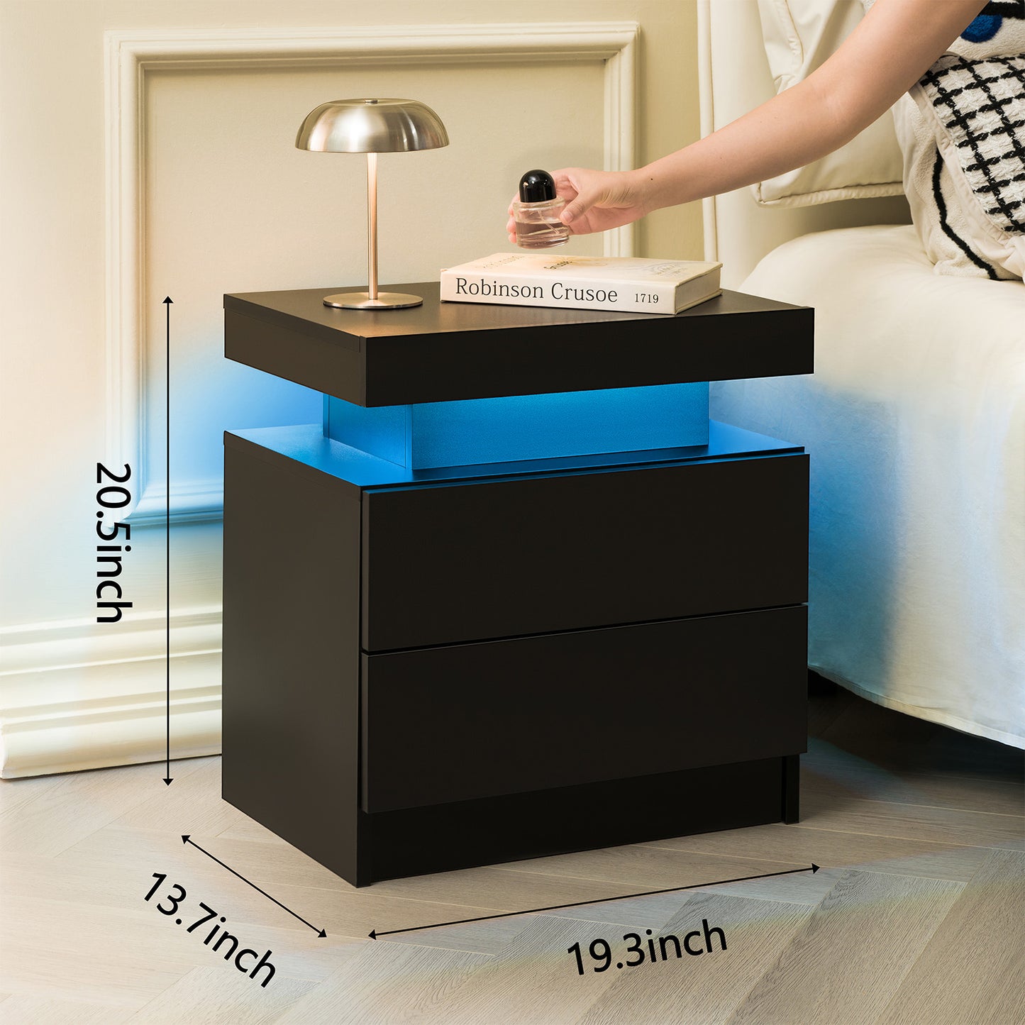 Nightstand LED Bedside Table Cabinet Lights Modern End Side With 2 Drawers For Bedroom Black