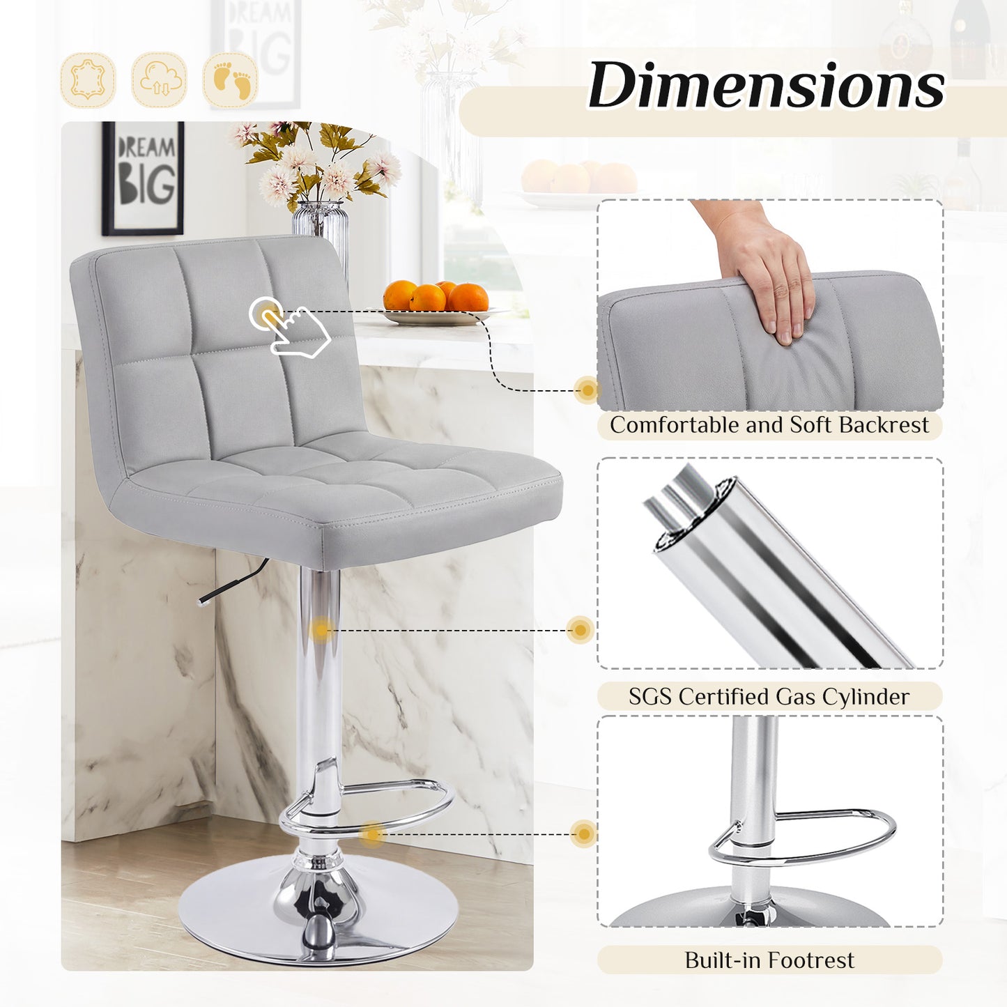 Bar Stools Set Of 2, Counter Height Barstools,Square Seat Cushion Barstool With Back, Height Adjustable PU Leather Swivel Barstool