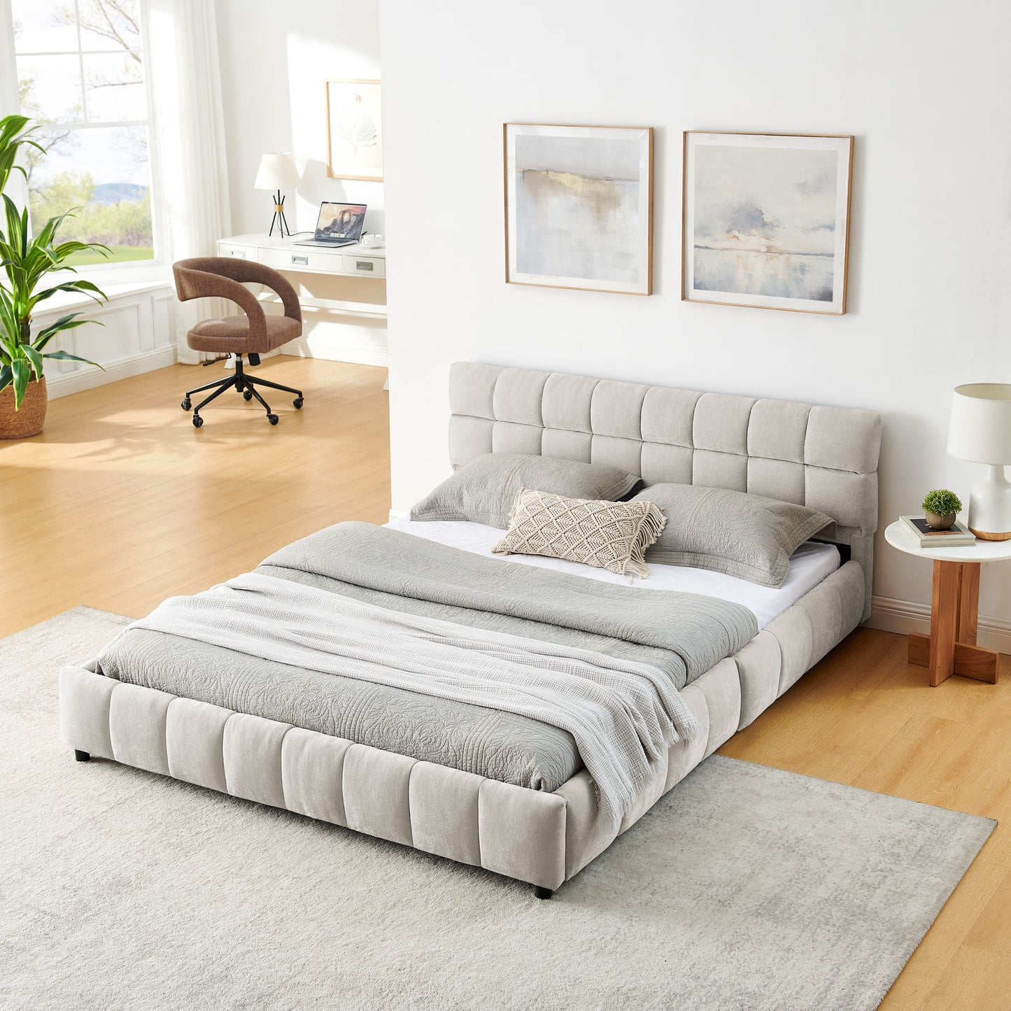 Queen Size Upholstered Bed ,comfortable Upholstered Bed Frame, Chenille Fabric, With Headboard And Solid Bed Frame. With Drawer For Storage.-Beige 88.5x68.5x31