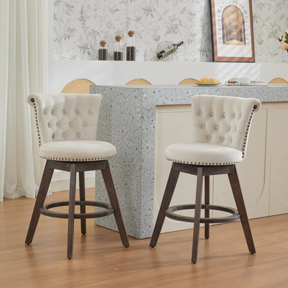 26 Counter Height Bar Stools Set Of 2, 360 Swivel Stools With Back  Hand - Tufted Button - Trimmed Edges, Upholstered Velvet Kitchen Counter Stools On Wood Legs,Beige,SW1868BG