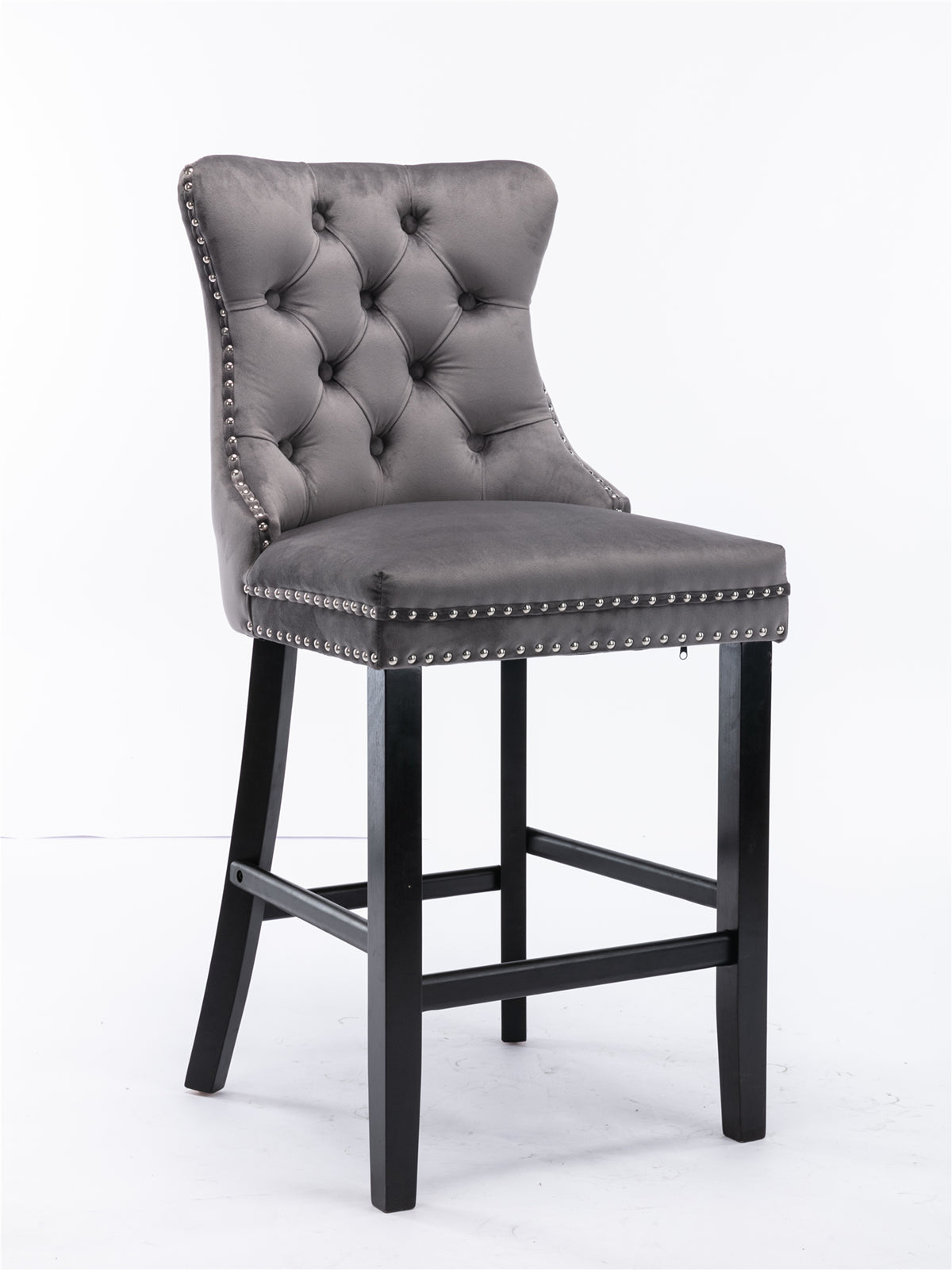 Contemporary Velvet Upholstered Barstools With Button Tufted Decoration And Wooden Legs, And Chrome Nailhead Trim, Leisure Style Bar Chairs,Bar Stools, Set Of 2 Gray,SW1902GY