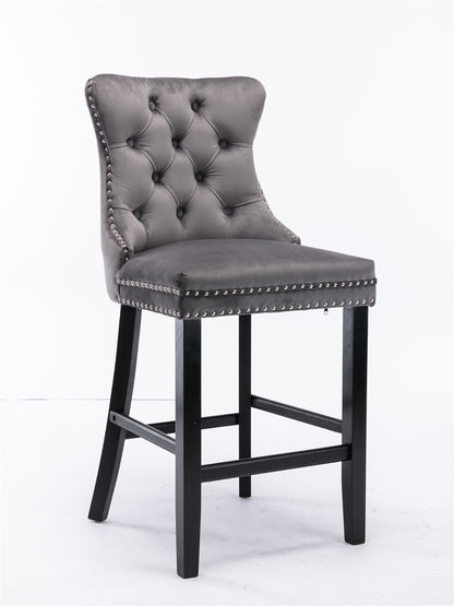 Contemporary Velvet Upholstered Barstools With Button Tufted Decoration And Wooden Legs, And Chrome Nailhead Trim, Leisure Style Bar Chairs,Bar Stools, Set Of 2 Gray,SW1902GY