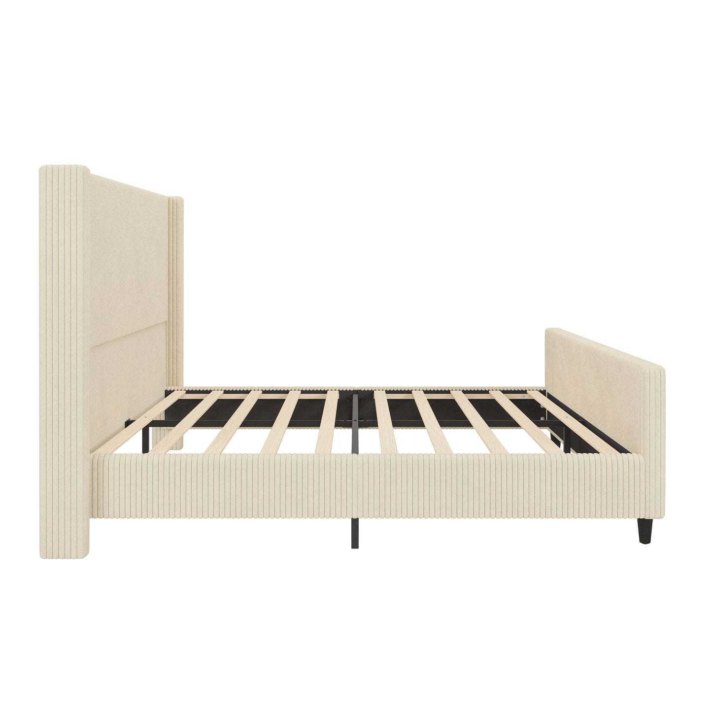 50.7'' High Headboard Corduroy Upholstered Bed Frame With Vertical Stripe Wingback And High Footboard No Box Spring Needed, Queen Size, Cream