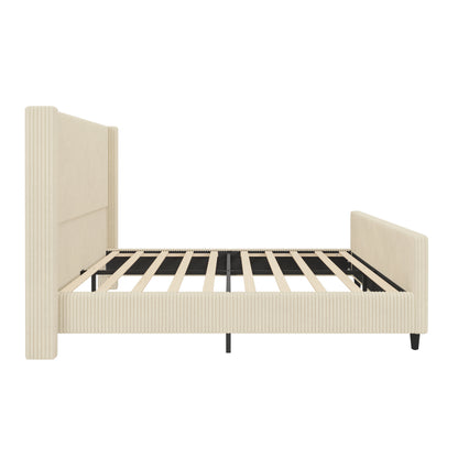 50.7'' High Headboard Corduroy Upholstered Bed Frame With Vertical Stripe Wingback And High Footboard No Box Spring Needed, Queen Size, Cream