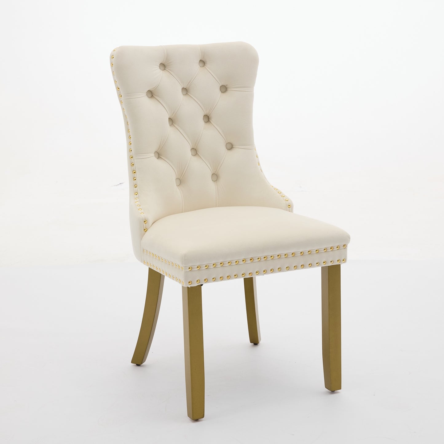 A&A Furniture, Nikki  Modern, High-end Tufted Solid Wood Contemporary Velvet Upholstered Dining Chair With Golden Wood Legs Nailhead Trim 2-Pcs Set, Milky White