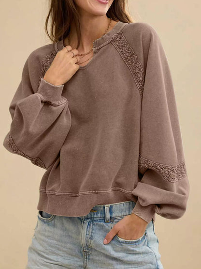 Lace Detail Notched Long Sleeve Sweatshirt