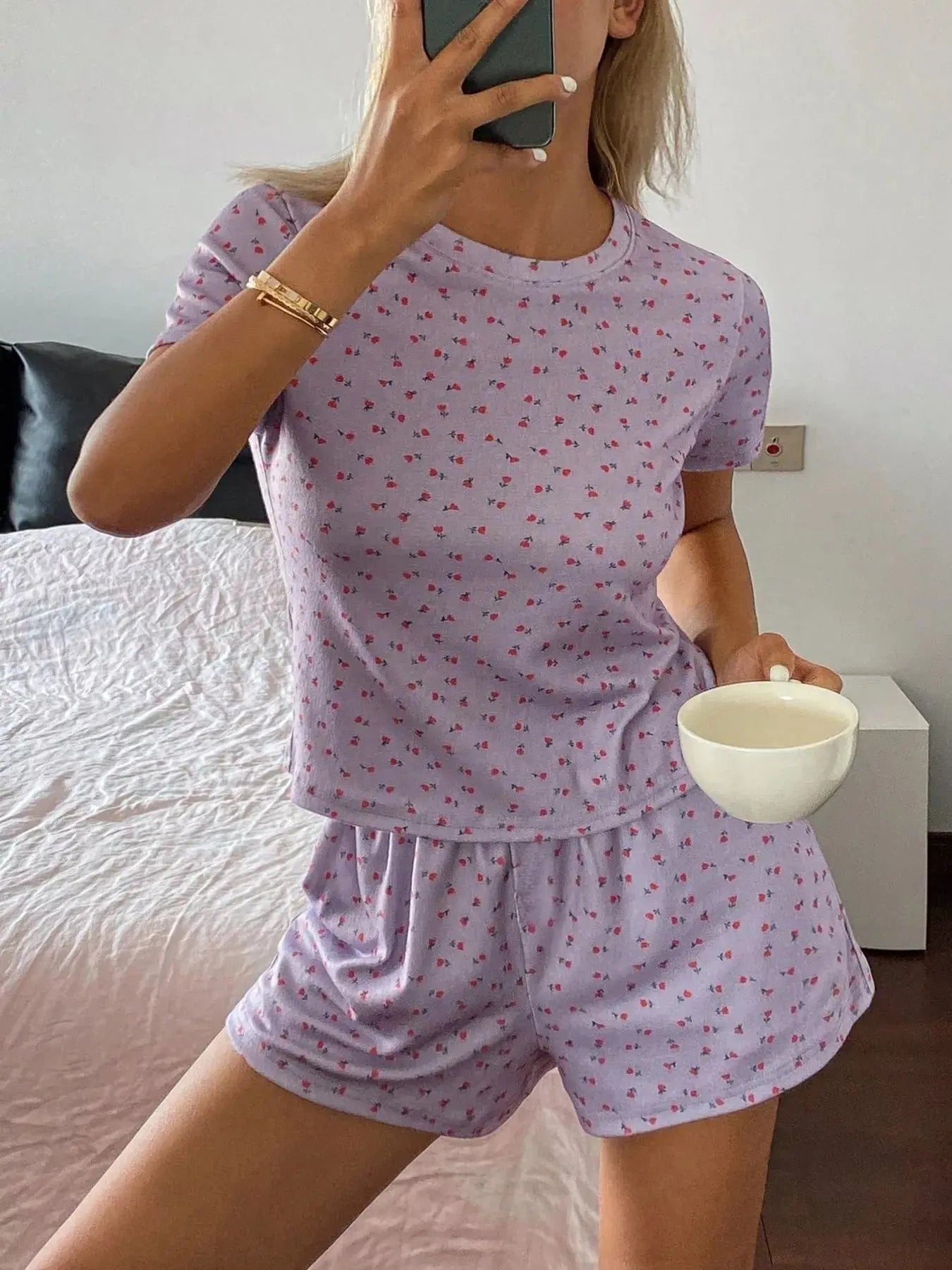 Floral Round Neck Top and Shorts Lounge Set